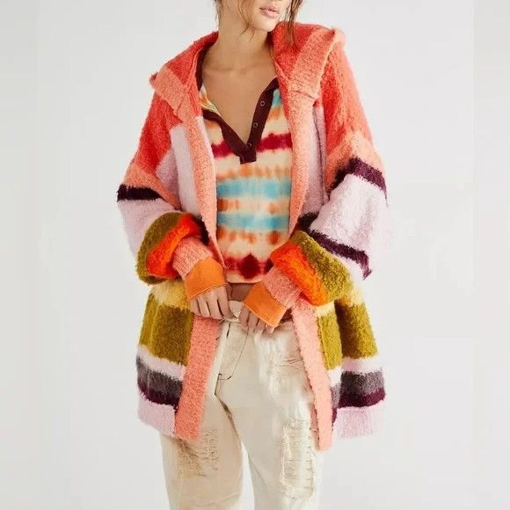 Free People Dream Team Cardi Size Small Desert Coral Hooded Soft Cozy BOHO